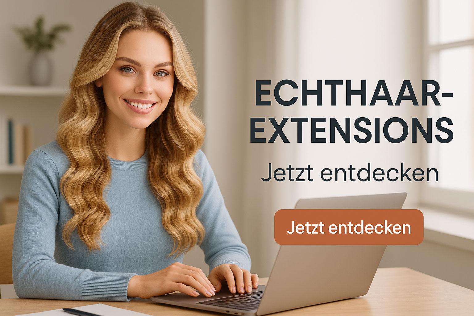 Frau mit langen glänzenden Remy Echthaar Extensions sitzt lächelnd am Laptop – Bondings Extensions entdecken bei echthaarExtensions.shop