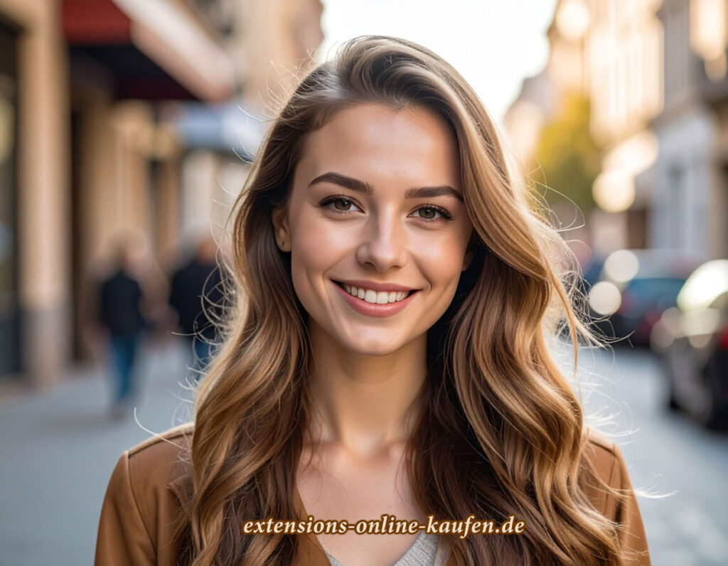 Frau mit gewellten, hellbraunen Remy Echthaar Extensions lächelt in urbaner Umgebung – stilvoller City-Look mit hochwertiger Haarverlängerung von extensions-online-kaufen.de