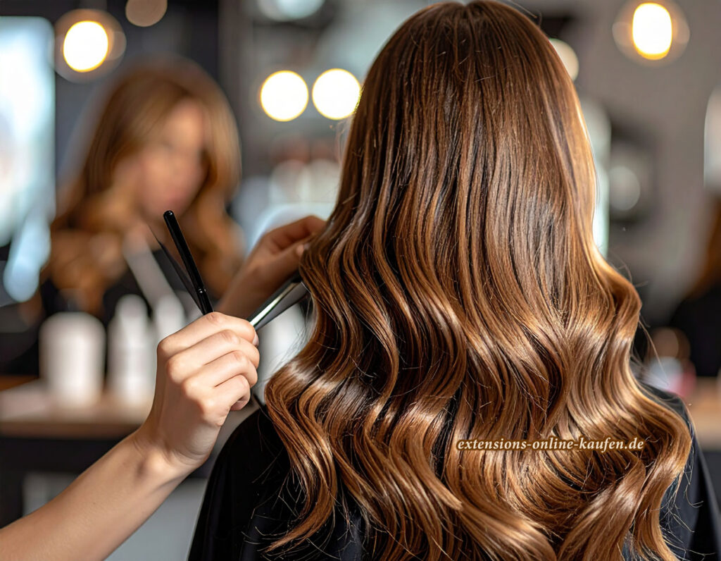 Frau mit glänzenden, gewellten Remy Echthaar Extensions beim Styling im Salon – hochwertige Haarverlängerung von extensions-online-kaufen.de