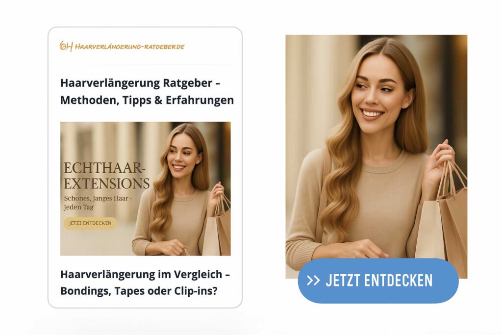 Lächelnde Frau mit langen, glänzenden Echthaar Extensions beim Shopping – Symbol für natürliche Haarverlängerung und Lebensfreude